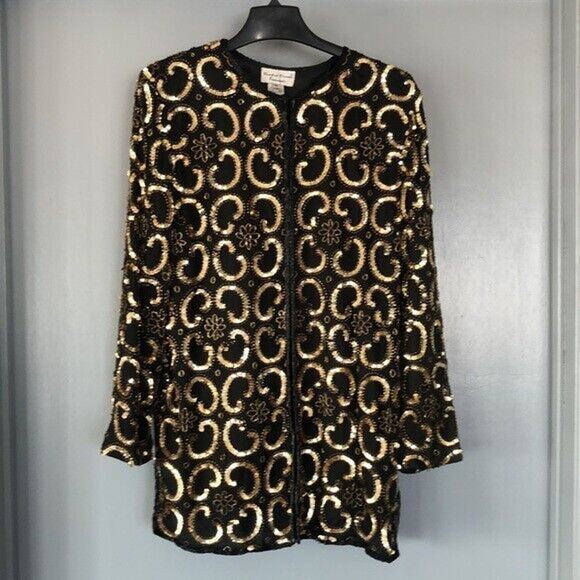 Beaded Drama Essentials 100% Silk Sequins Black Gold Vintage Jacket sz 10 - Picture 1 of 7